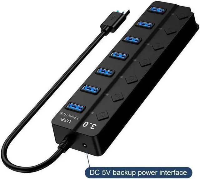 Main image of USB 3.0 Hub, DEFEILIN 7 Port Powered USB Hub Expander Aluminum USB 3.0 Data Port hub with Universal 5V AC Adapter and Individual On/Off Switches USB Splitter for Laptop and PC(Black)