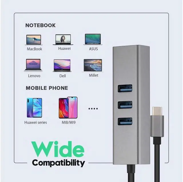 Alt view image 7 of 7 - USB-c hub, Type C to Gigabit Ethernet and 3 USB 3.0 adapters, Aluminum Portable hub, RJ45 Gigabit Ethernet Network Adapter, Converter, hub, for 10 / 100 / 1000 Mbps Ethernet