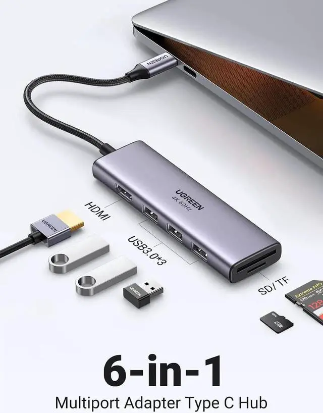Alt view image 7 of 7 - UGREEN USB C Hub 4K@60Hz, 6-in-1 USB C to USB Adapter with 3 USB 3.0 Ports, SD/TF Card Reader, USB C to HDMI Adapter Multiport Dongle Type C Adapter for Laptop Tablet iPad MacBook Pro Air Dell Samsung