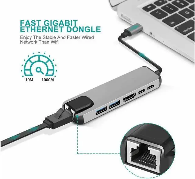 Alt view image 4 of 7 - USB Type C Hub Adapter Dock with 4K HDMI PD RJ45 Ethernet Lan Charge for MacBook