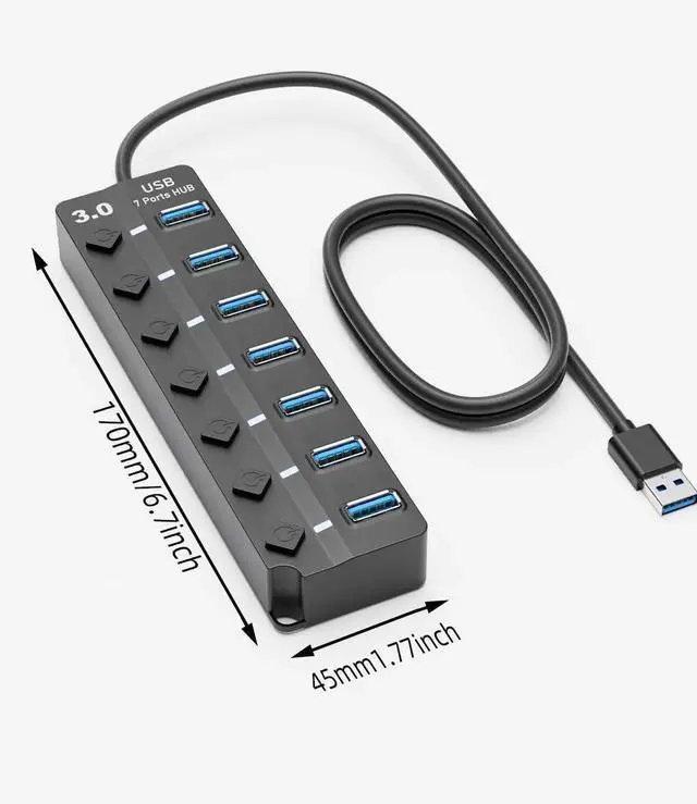 Main image of USB 3.0 Hub, 7-Port with Individual On/Off Switches & LED Indicators, 5Gbps High-Speed Data Hub for Laptop, PC, MacBook, Surface Pro, PS5, HDD, Flash Drive (4ft Cable)