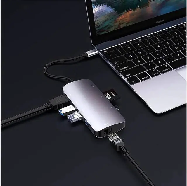 Main image of USB C Hub Ethernet Port USB C Adapter GIGABIT 1000M Rj45 8in1 multiport 60W Fast charging-4K HD-MI to 5Gbps Data Transfer,SD/TF, USB C Hub_Flat