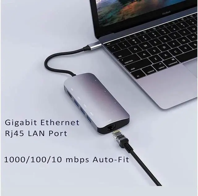 Alt view image 6 of 6 - USB C Hub Ethernet Port USB C Adapter GIGABIT 1000M Rj45 8in1 multiport 60W Fast charging-4K HD-MI to 5Gbps Data Transfer,SD/TF, USB C Hub_Flat