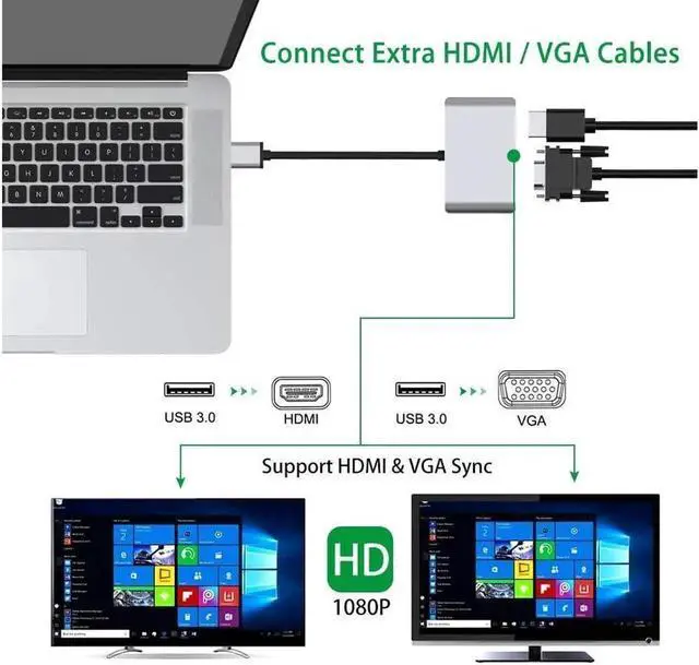 Alt view image 5 of 6 - 2 in 1 USB 3.0 to HDMI VGA Adapter 1080P, Built-in Driver, Support HDMI VGA Sync Output for Windows 10 / 8 / 7 Only, NOT Mac OS / Linux / Vista, USB to HDMI VGA HUB.