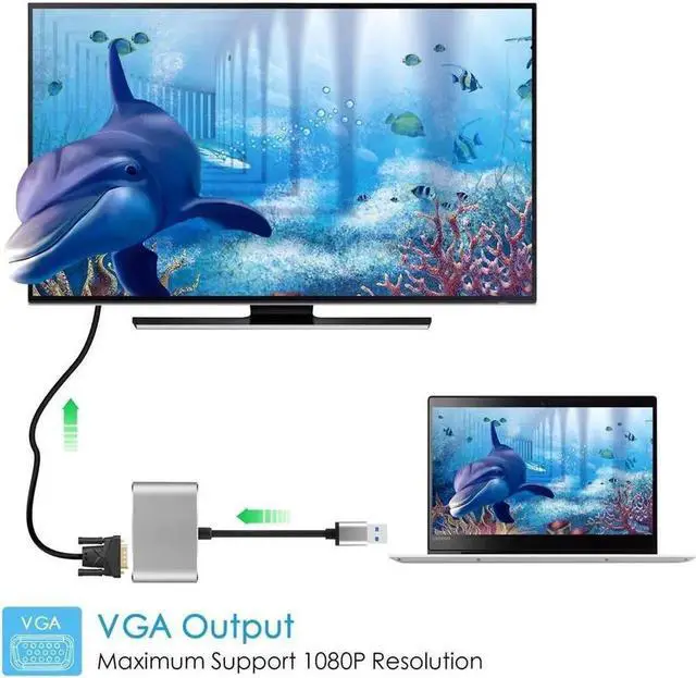 Alt view image 2 of 6 - 2 in 1 USB 3.0 to HDMI VGA Adapter 1080P, Built-in Driver, Support HDMI VGA Sync Output for Windows 10 / 8 / 7 Only, NOT Mac OS / Linux / Vista, USB to HDMI VGA HUB.
