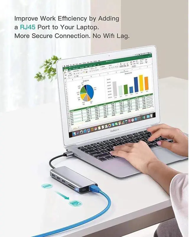 Alt view image 2 of 6 - USB to Ethernet Adapter 7-in-1 Aluminum USB Hub with 10/100/1000 Gigabit Ethernet Network Adapter USB 3.0 Ports USB 2.0 SD/Micro SD Card Reader Compatible with MacBook Air/Pro Windows Linux