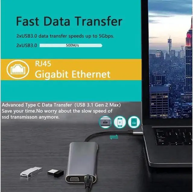 Alt view image 4 of 5 - USB 3.1 Type C Docking Station, Hub, 12-in-1 Triple Display Dual 4K HDMI, VGA, PD100W,Gigabit Ethernet RJ45, USB3.0,SD/TF, Type C Laptop Dock Station Adapter Compatible for MacBook and Windows