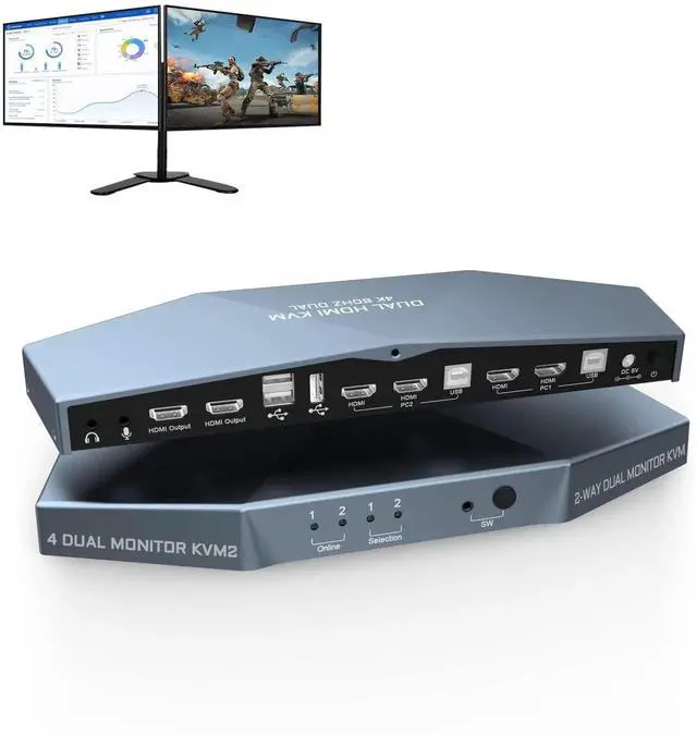 Alt view image 2 of 5 - Monitor KVM Switch 4K@60Hz, Support HDCP 2.2, HDMI+HDMI Dual Monitor KVM Switch for 2PCs and Monitors