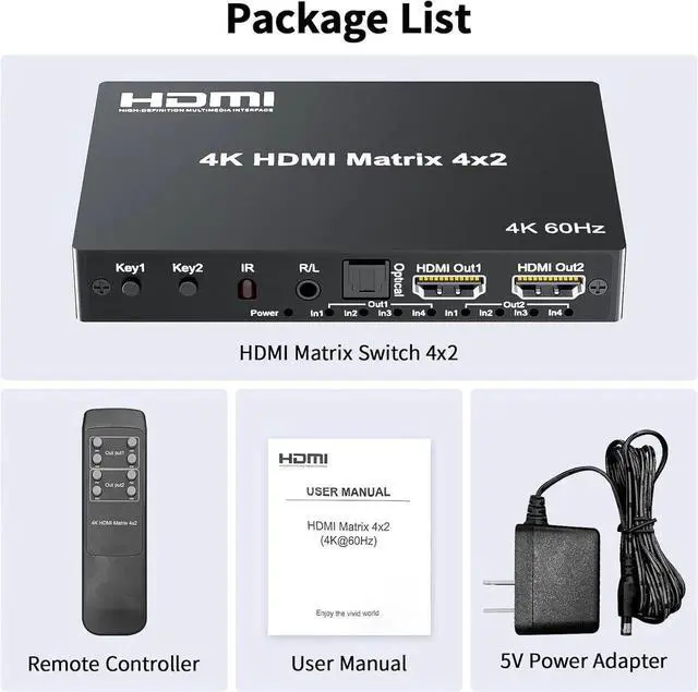 Alt view image 3 of 6 - 4x2 HDMI Matrix, HDR 4K@60Hz 4 in 2 Out HDMI Switch Splitter with IR Remote, HDMI Matrix Switch + Optical Toslink + 3.5mm L/R Audio Output, Support UHD HDMI2.0, HDCP2.2, 18Gbps, EDID, Audio Extract