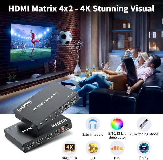 Main image of 4x2 HDMI Matrix, HDR 4K@60Hz 4 in 2 Out HDMI Switch Splitter with IR Remote, HDMI Matrix Switch + Optical Toslink + 3.5mm L/R Audio Output, Support UHD HDMI2.0, HDCP2.2, 18Gbps, EDID, Audio Extract