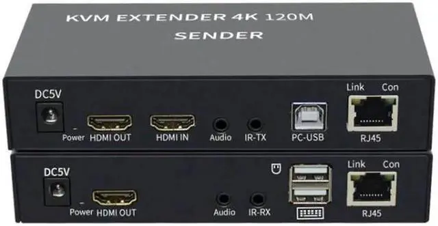 Alt view image 4 of 6 - 4K HDTV 120M KVM Extender HDMI-Compatible USB-A Keyboard Mouse 3.5mm AUX Aluminium Alloy Over CAT6 RJ45 Lan Ethernet Extender(With US Plug)