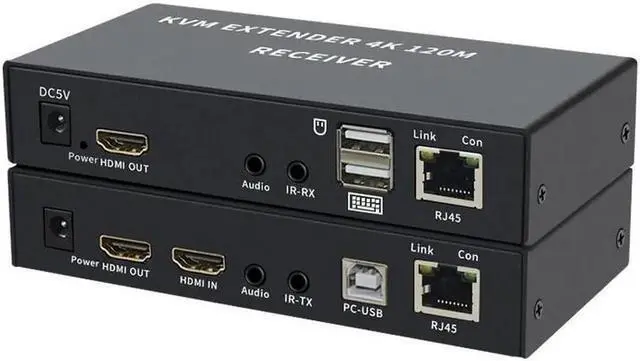 Main image of 4K HDTV 120M KVM Extender HDMI-Compatible USB-A Keyboard Mouse 3.5mm AUX Aluminium Alloy Over CAT6 RJ45 Lan Ethernet Extender(With US Plug)