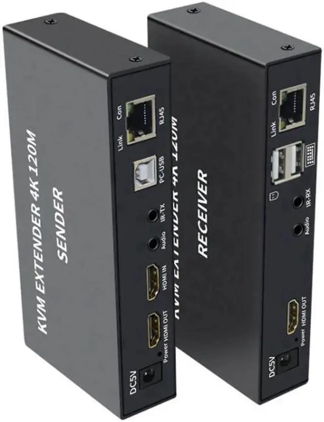 Alt view image 3 of 6 - 4K HDTV 120M KVM Extender HDMI-Compatible USB-A Keyboard Mouse 3.5mm AUX Aluminium Alloy Over CAT6 RJ45 Lan Ethernet Extender(With US Plug)