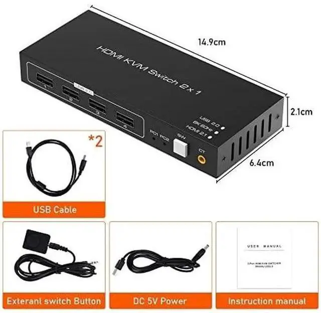 Alt view image 4 of 6 - 8K HDMI KVM Switch, HDMI 2 in 1 Out KVM Switch Box Keyboard Mouse Printer Switcher Include 2 USB Type-B Cable Support 8K@60Hz, EDID/HDCP 2.2 3D for Laptop PS4 HDTV Monitor, Black