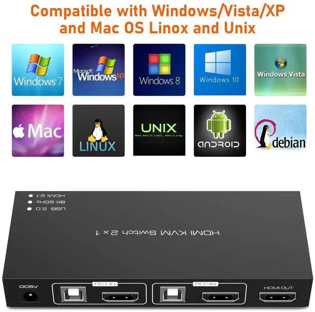 Alt view image 5 of 6 - 8K HDMI KVM Switch, HDMI 2 in 1 Out KVM Switch Box Keyboard Mouse Printer Switcher Include 2 USB Type-B Cable Support 8K@60Hz, EDID/HDCP 2.2 3D for Laptop PS4 HDTV Monitor, Black