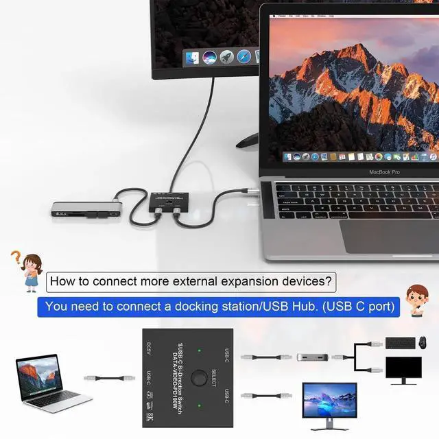 Alt view image 2 of 6 - Bi-Directional 8K USB C Switch USB C Switcher for 2 Computers, 8K@60Hz/4K@120Hz USB C KVM Switch Splitter with 2 USB-C Cables, for 100W Charging+10Gbps Data+Video Transfer