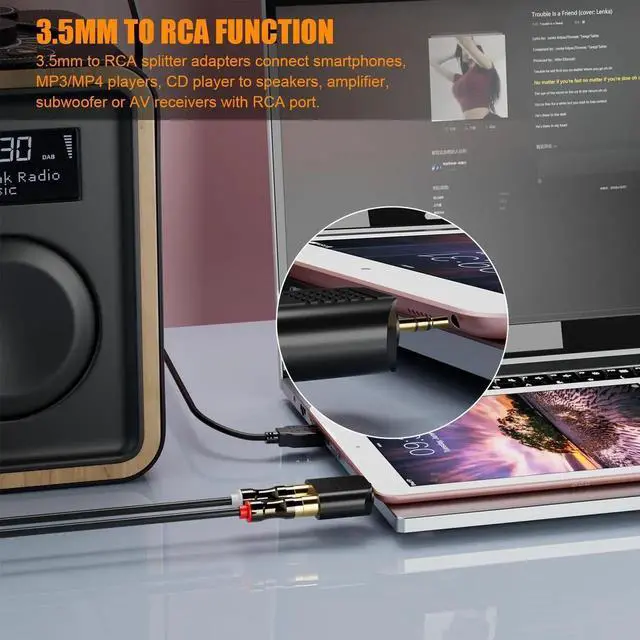 Alt view image 7 of 7 - 3.5MM to RCA Splitter Adapter, Gold Plated 3.5 mm TRS to Dual RCA Female Jack Y Plug Audio Converter - 4 Pack