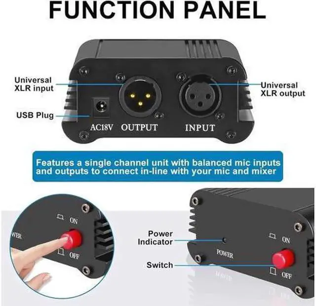 Alt view image 6 of 6 - 1Channel 48V Phantom Power Supply with Adapter BONUS+XLR 3 Pin Microphone Cable for Any Condenser Microphone Music Recording Equipment