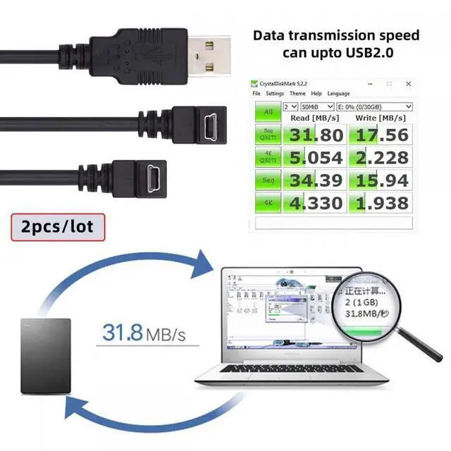 Alt view image 3 of 5 - JVFYI Cablecc 2pcs/lot Down & Up Angled Mini USB B Type 5pin Male 90 Degree to USB 2.0 Male Power Data Cable 50cm