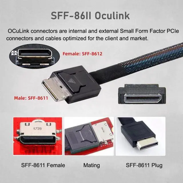 Alt view image 2 of 4 - JVFYI Angled 90 Degree OcuLink PCIe 4.0 PCI-Express SFF-8611 4i to SFF-8611 Data Active Cable for eGPU SSD 50cm
