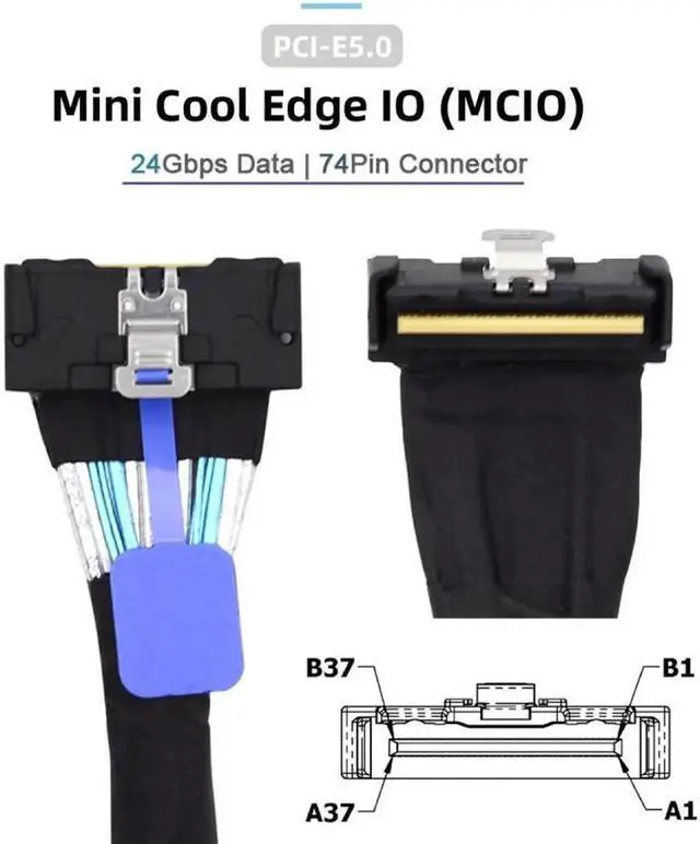 Alt view image 5 of 7 - JVFYI PCI-E 5.0 Mini Cool Edge IO MCIO Angled PCI-E Slimline SAS 8i 74Pin Male to MCIO 74Pin Male Extender Cable 35cm