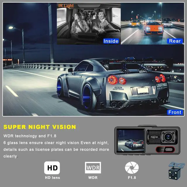 Alt view image 4 of 6 - JVFYI 2 Inch Car Black Box 3 Camera Wifi Dash Camera Car Dvr 1080P Dashcam Front and Rear Interior 3 Channel Wifi Dash Cam