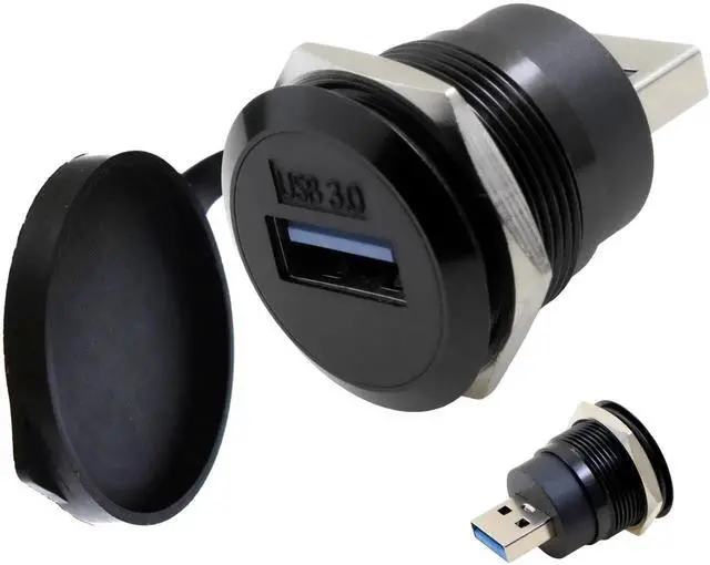 Main image of USB 3.0 Male to Female Waterproof Mounting Adapter, 5Gbps Data Transfer & Charging, Threaded Round Socket Converter with Nut Fixing for Panel Mount, Dustproof and Durable (Black)