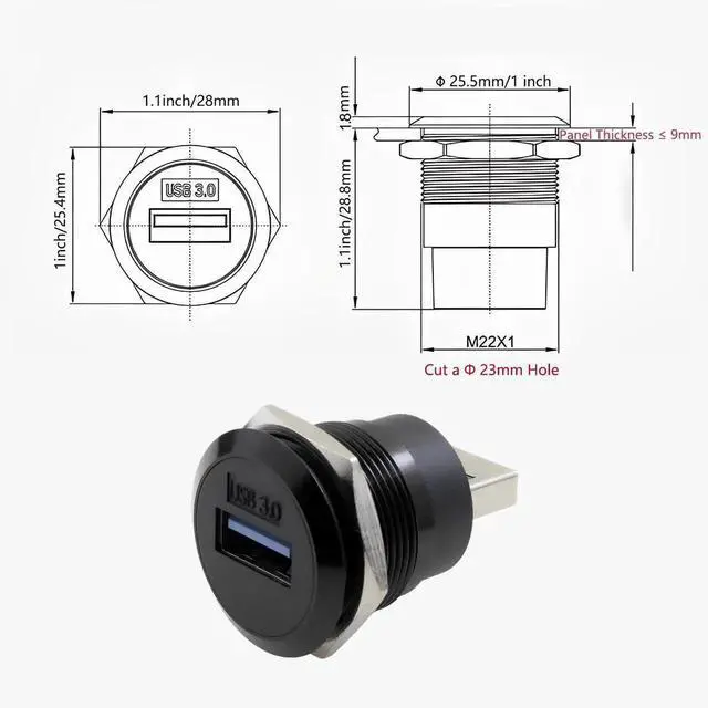 Alt view image 7 of 7 - USB 3.0 Male to Female Waterproof Mounting Adapter, 5Gbps Data Transfer & Charging, Threaded Round Socket Converter with Nut Fixing for Panel Mount, Dustproof and Durable (Black)