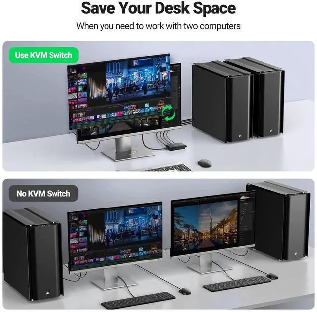 Alt view image 4 of 7 - HDMI KVM Switch 1 Monitor 2 Computers, with 4 USB Ports 4K@60Hz KVM Switches for Sharing One Monitor Keyboard Mouse Printer with 2 HDMI Cables, 2 USB Cables, Desktop Controller