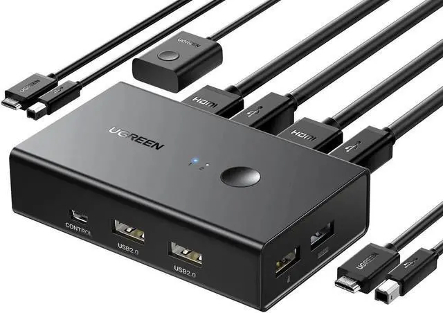 Main image of HDMI KVM Switch 1 Monitor 2 Computers, with 4 USB Ports 4K@60Hz KVM Switches for Sharing One Monitor Keyboard Mouse Printer with 2 HDMI Cables, 2 USB Cables, Desktop Controller
