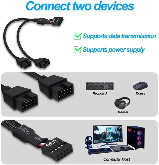 Alt view image 7 of 7 - Motherboard USB Header Splitter Y Cable USB 2.0 9Pin Female to Dual 9Pin Male Motherboard Header Splitter Hub 1 to 2 Converter Extension Cord Adapter-15cm-2pcs