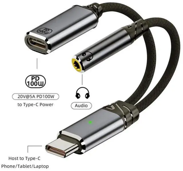 Alt view image 2 of 7 - USB-C Type-C Male to 3.5mm Female Audio Adapter DAC AUX Music 16bit 48kHz & 100W PD Power Charging Cable for Laptop Tablet Phone More Type C Devices
