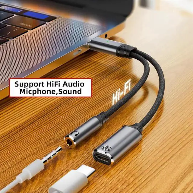 Alt view image 4 of 7 - USB-C Type-C Male to 3.5mm Female Audio Adapter DAC AUX Music 16bit 48kHz & 100W PD Power Charging Cable for Laptop Tablet Phone More Type C Devices