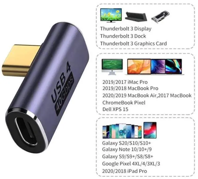 Alt view image 4 of 7 - USB4 Type C Male to Female Low Profile Right Angled 100W Power Data 8K Video Adapter 40Gbps for Laptop Phone