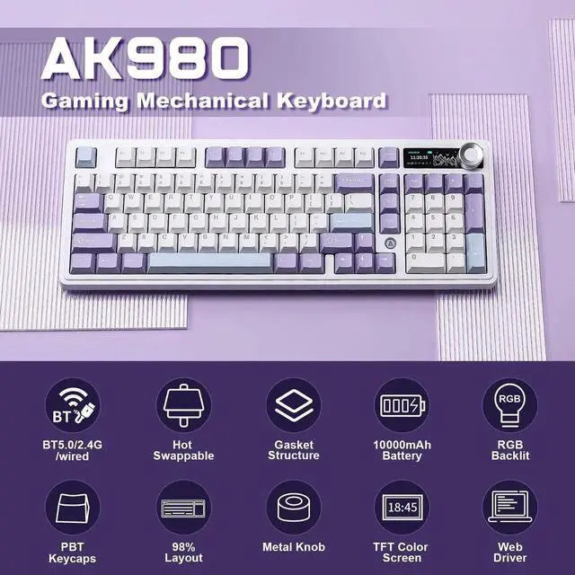 Alt view image 2 of 7 - AJAZZ AK980 Mechanical Keyboard with Smart Display & Knob,98% Wireless Keyboard Tri-Mode BT/2.4G/USB-C, Hot Swappable, PBT Keycaps, with RGB Light for Win & Mac(Purple,Murad Switch)