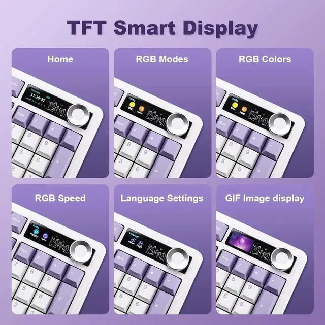 Alt view image 5 of 7 - AJAZZ AK980 Mechanical Keyboard with Smart Display & Knob,98% Wireless Keyboard Tri-Mode BT/2.4G/USB-C, Hot Swappable, PBT Keycaps, with RGB Light for Win & Mac(Purple,Murad Switch)