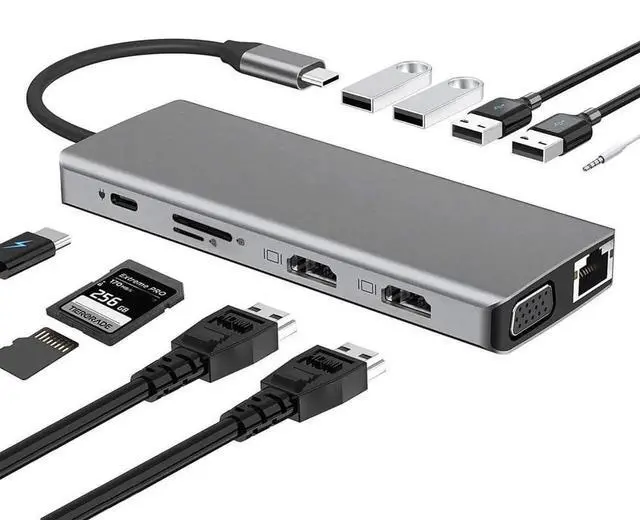 Alt view image 2 of 7 - USB Type C Dual HDMI VGA Adapter Card Reader USB 3.0 HUB Screen Mirror