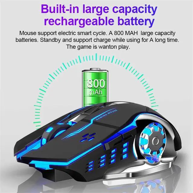 Alt view image 4 of 7 - SC100 Silent Wireless Gaming Mouse Rechargeable, with Side Buttons, LED Backlit, DPI Adjustable, 2.4G Wireless Optical Computer Mice Punk Cool Mouse for Games/Work (Black)