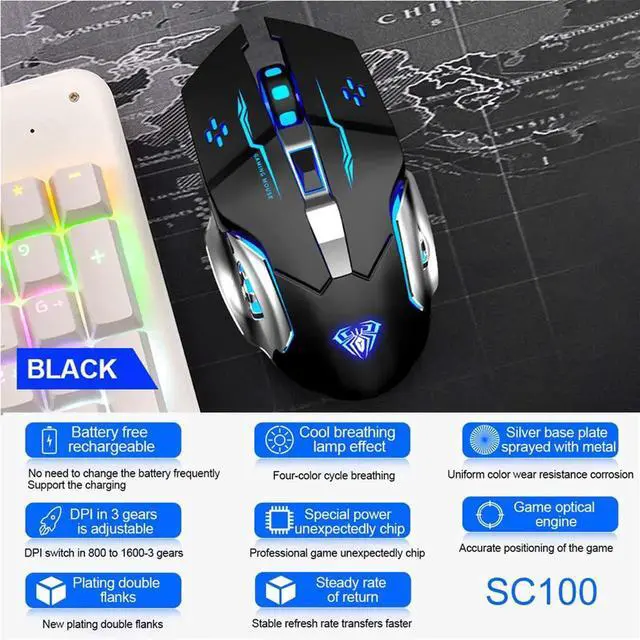 Alt view image 6 of 7 - SC100 Silent Wireless Gaming Mouse Rechargeable, with Side Buttons, LED Backlit, DPI Adjustable, 2.4G Wireless Optical Computer Mice Punk Cool Mouse for Games/Work (Black)