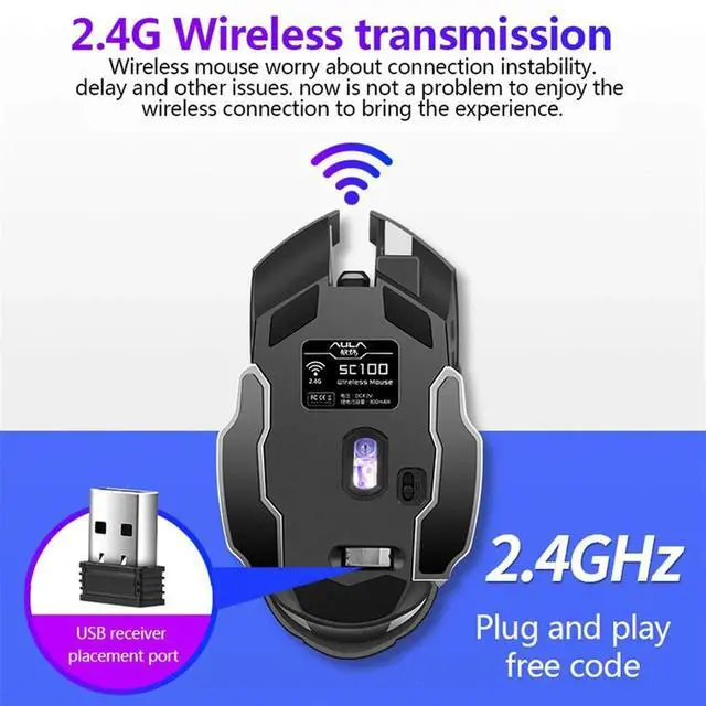 Alt view image 3 of 7 - SC100 Silent Wireless Gaming Mouse Rechargeable, with Side Buttons, LED Backlit, DPI Adjustable, 2.4G Wireless Optical Computer Mice Punk Cool Mouse for Games/Work (Black)