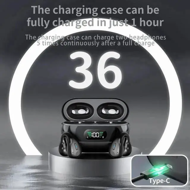 Alt view image 6 of 7 - Open Ear Headphones, Clip On Wireless Earbuds Bluetooth 5.3, Sports Earphones with ENC Mic, 36 Hours HIFI Earpods with LED Display Charging Case, IPX7 Waterproof Running Ear Buds