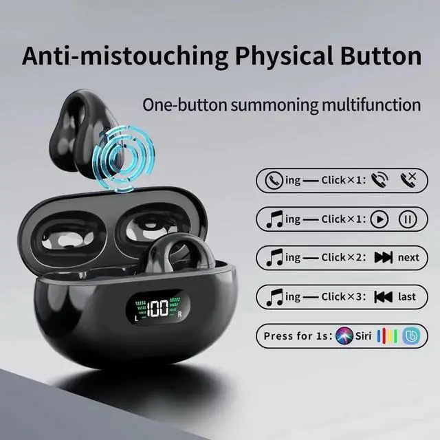 Alt view image 4 of 7 - Open Ear Headphones, Clip On Wireless Earbuds Bluetooth 5.3, Sports Earphones with ENC Mic, 36 Hours HIFI Earpods with LED Display Charging Case, IPX7 Waterproof Running Ear Buds