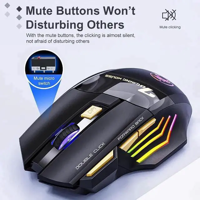 Alt view image 4 of 7 - 7 Colors RGB Wireless Mouse, 2.4Ghz Wireless Gaming Mouse for Gamer, Computer Mouse Ergonomic Gaming Mousewith 7 Buttons, 1200/2400/3200 DPI, Rechargeable Wireless Mouse For Laptop PC