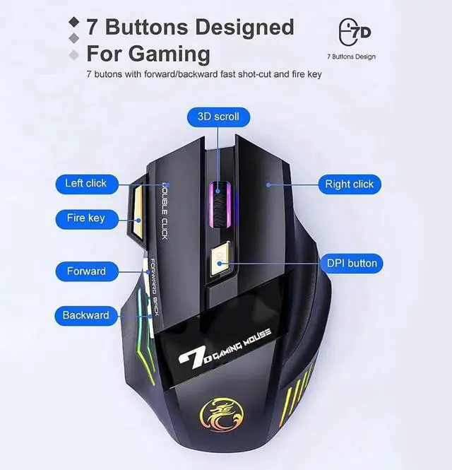 Alt view image 2 of 7 - 7 Colors RGB Wireless Mouse, 2.4Ghz Wireless Gaming Mouse for Gamer, Computer Mouse Ergonomic Gaming Mousewith 7 Buttons, 1200/2400/3200 DPI, Rechargeable Wireless Mouse For Laptop PC