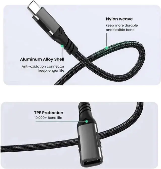 Alt view image 3 of 7 - USB C Extension Cable, 6.6ft /2M-Braided USB C Extender Cable, USB C to USB C Male to Female Cord USB 3.1 Gen 2 Sync Transfer 10Gbps 100W/5A Fast Charging 4K Display Compatible with Laptop Smartphones