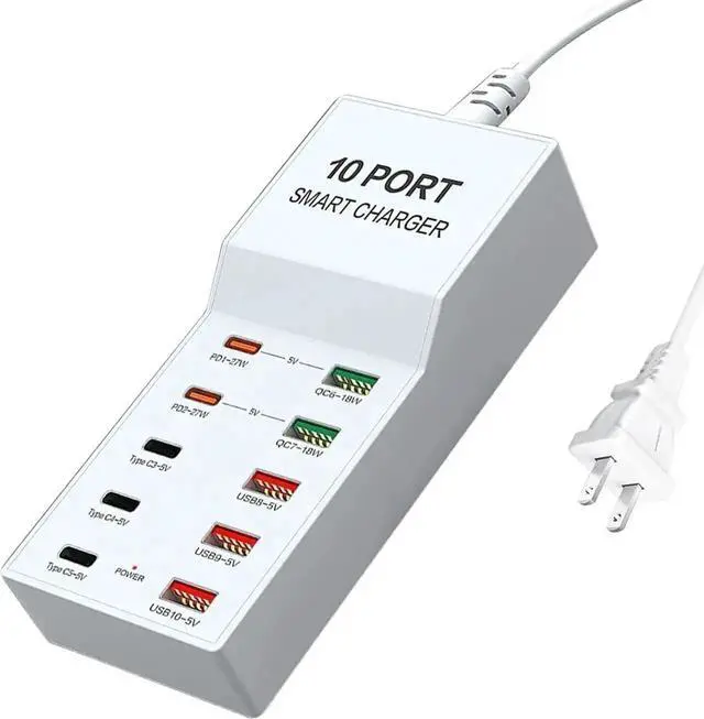 Alt view image 5 of 6 - 10 Port Multi USB Charging Station, Multiple USB Charger Station with PD QC 3.0 USB A USB C Charger Block Multiple Ports, USB Power Strip for Multiple Devices Phone Tablet Laptop Watch