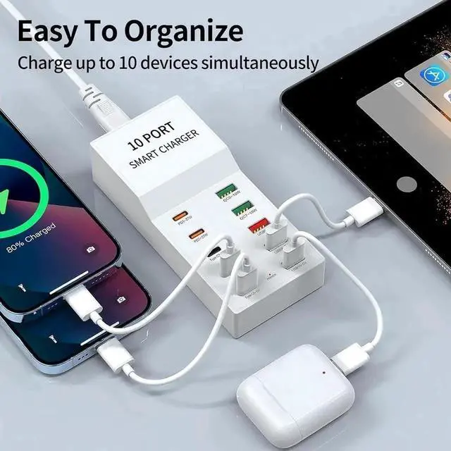 Alt view image 2 of 6 - 10 Port Multi USB Charging Station, Multiple USB Charger Station with PD QC 3.0 USB A USB C Charger Block Multiple Ports, USB Power Strip for Multiple Devices Phone Tablet Laptop Watch