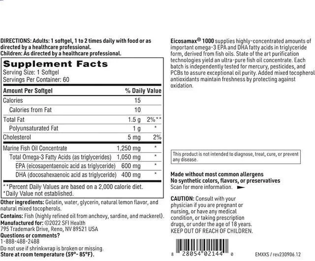 Alt view image 4 of 4 - Klaire Labs Eicosamax 1000 TG Fish Oil 120 Softgels