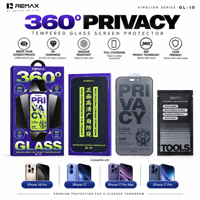 Main image of REMAX Privacy Tempered Glass Screen Protector for iPhone 16 Pro