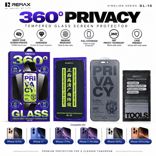 Main image of REMAX Privacy Tempered Glass Screen Protector for iPhone 18 Pro